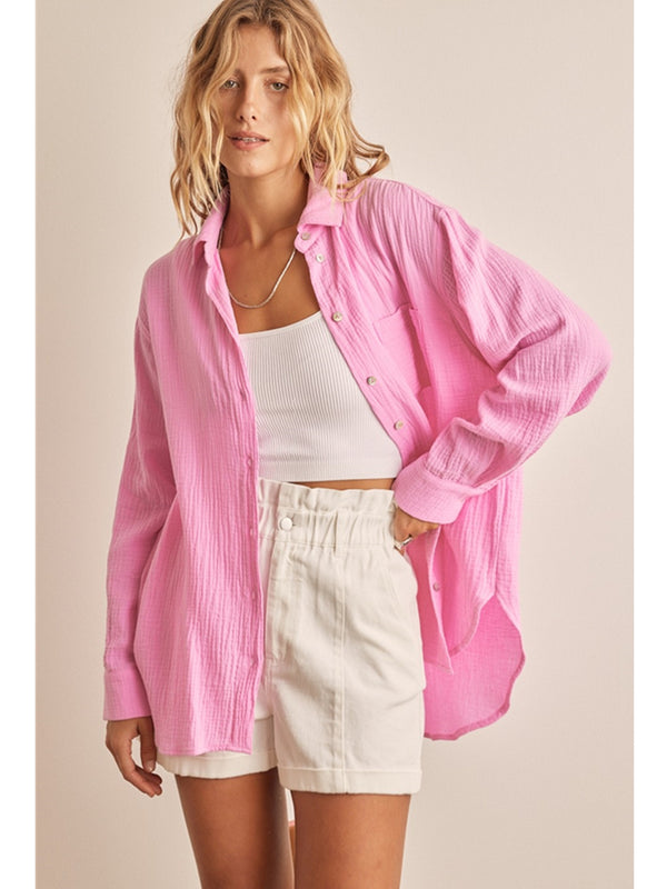 In February Chloe Soft Crinkled Cotton Gauze Button Down Shirt In Pink