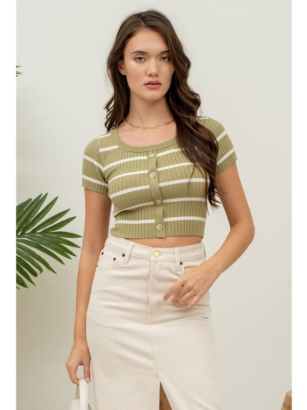 The Workshop Amina Stripe Button Down Top In Light Olive