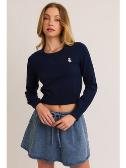 Le Lis Oscar Bear Long Sleeve Cropped Sweater In Navy