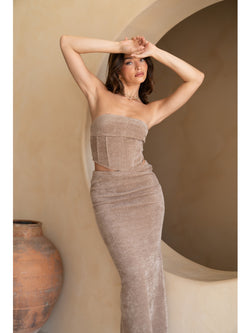 Salty Flore Boucle Knitted Corset With Maxi Skirt Set In Taupe