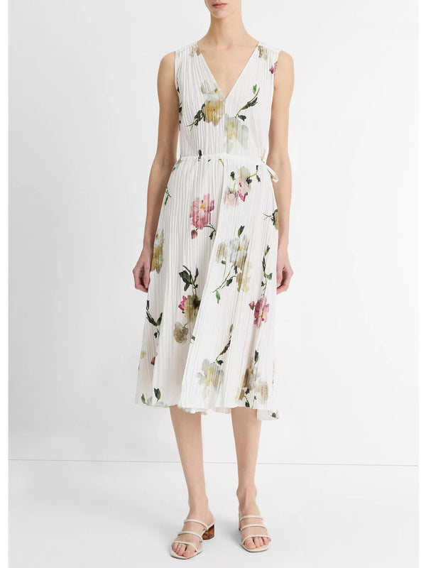 Vince Wilted Peony Pleated Dress In White Peony
