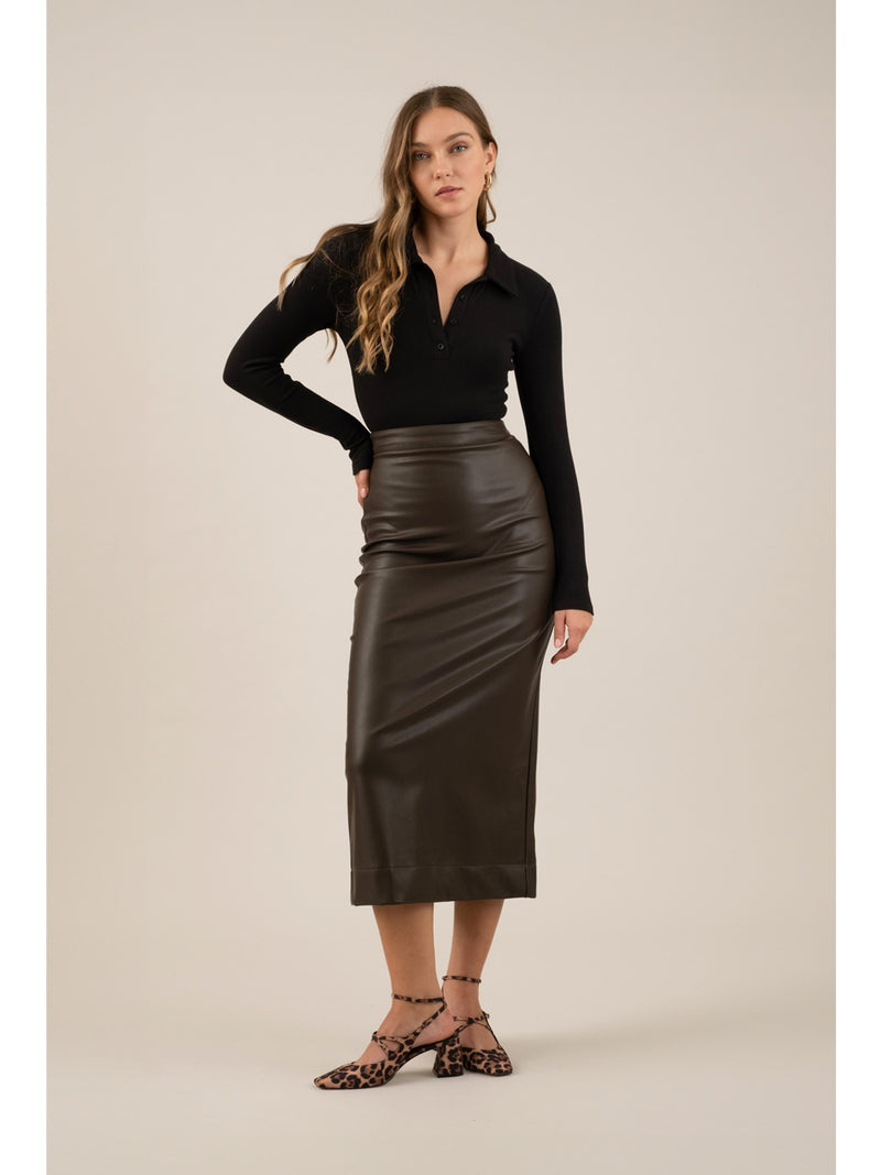 The Workshop Aida Faux Leather Back Slit Skirt In Dark Brown