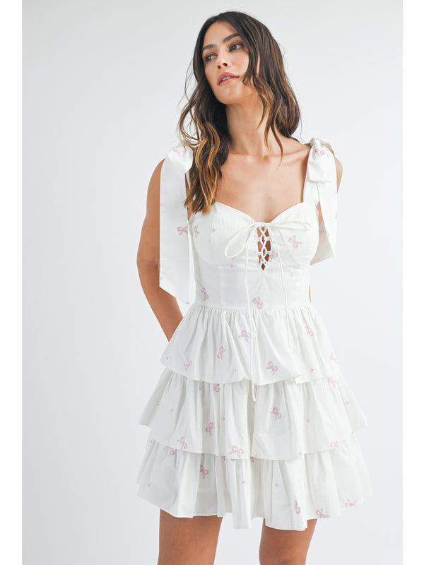 Mable Clyde Bow Tied Shoulder Corset Mini Dress In Off White