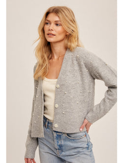 Hem&Thread Pearl Embellished Vneck Cardigan In Heather Grey