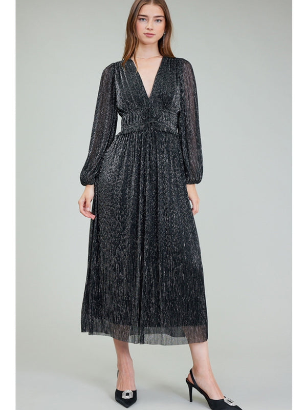 Current Air Petra Long Sleeve Pleated Dress In Black Silver