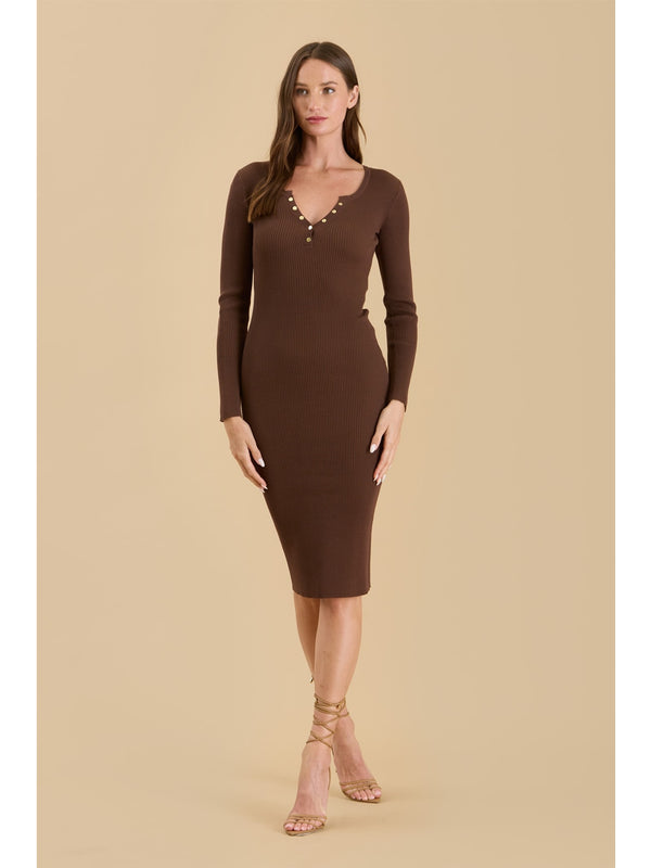 The Workshop Lizeth Henley Long Sleeve Knit Dress In Brown