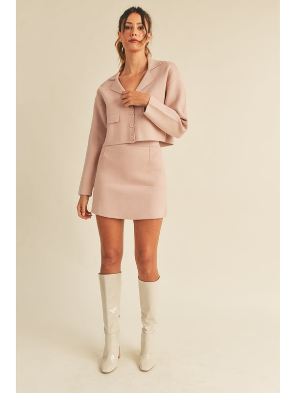 Mable Ayden Button Down Knit Jacket Mini Skirt Set In Blush