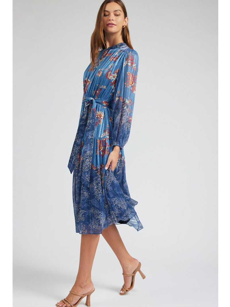 Current Air Mandarin Collar Dress In Blue Multi