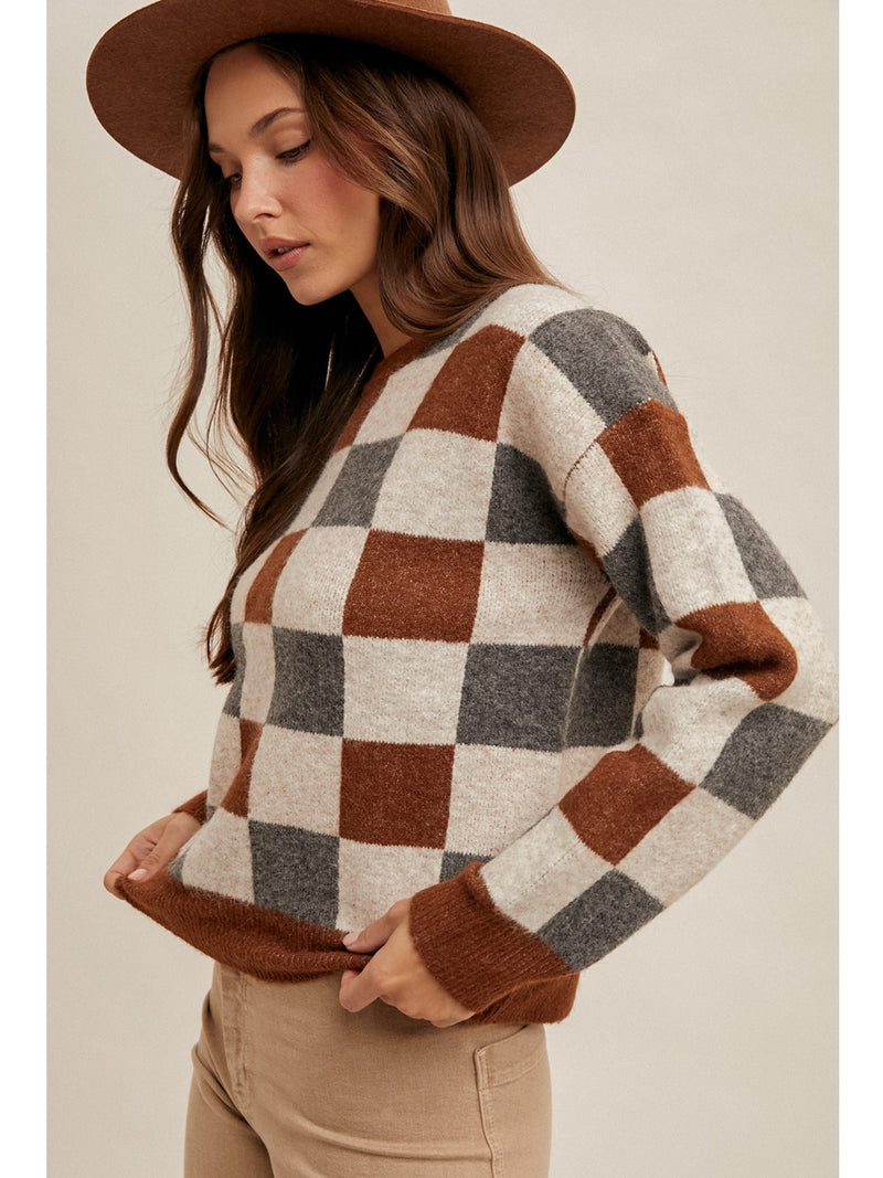 Hem&Thread Checked Crew Neck Sweater In Brown