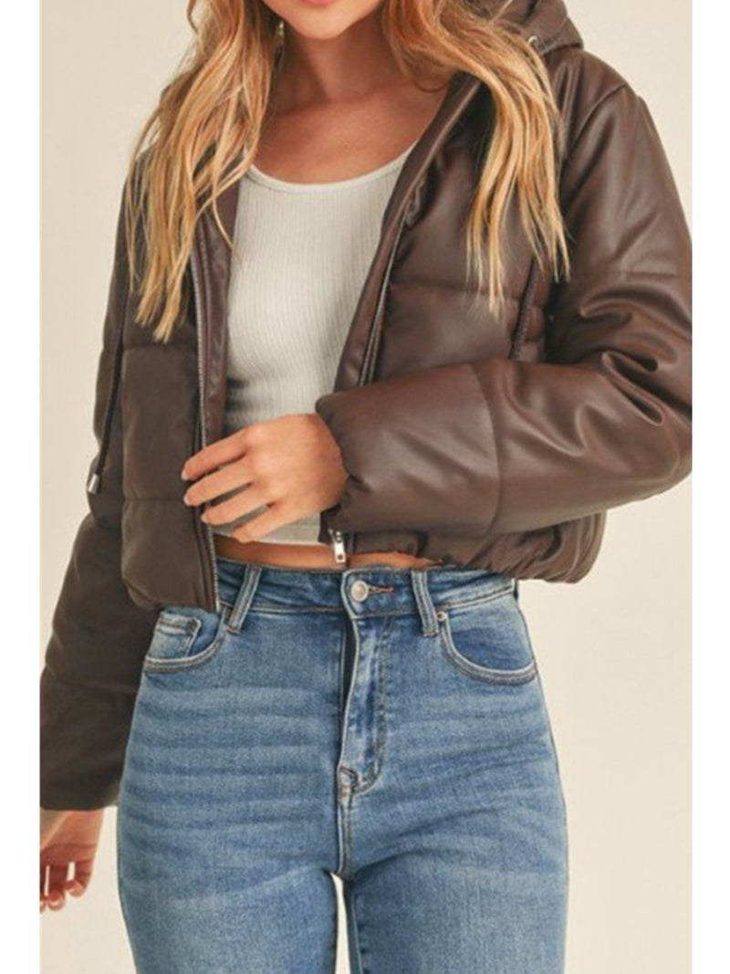 Up Cloting Casin Pleather Puff Jacket In Coffee