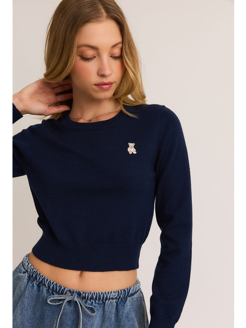 Le Lis Oscar Bear Long Sleeve Cropped Sweater In Navy