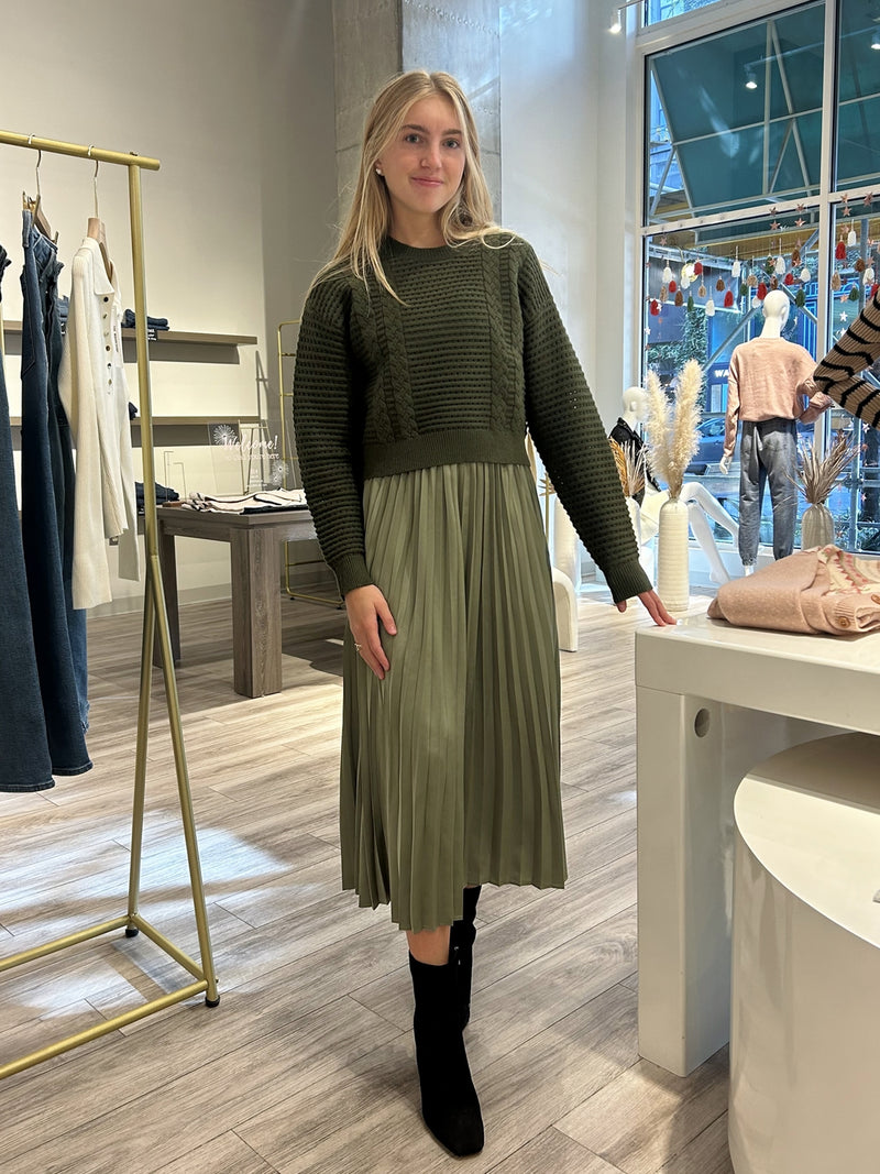 Current Air Alani Sweater & Pleated Dress Set In Olive