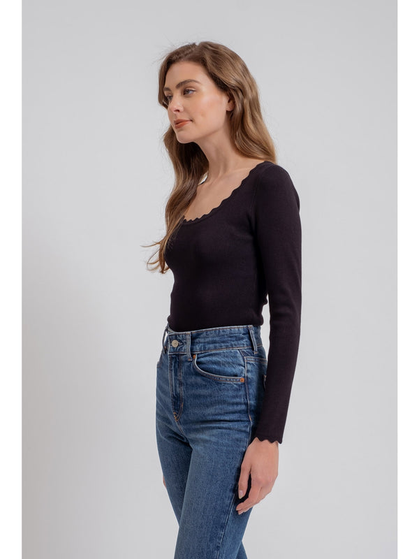 The Workshop Genev Scallop Trim Long Sleeve Knit Top In Black