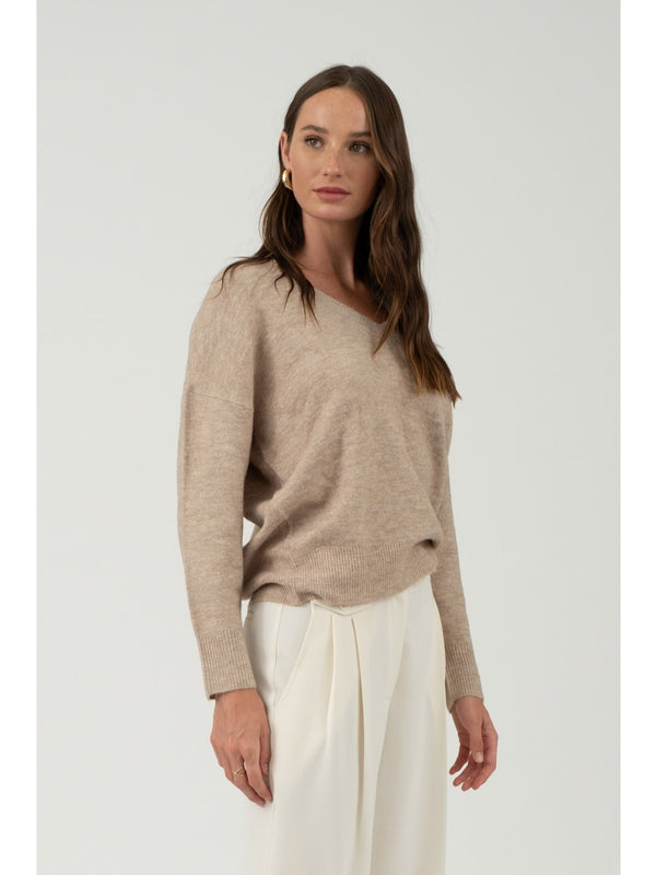 The Workshop Gracie Vneck Drop Shoulder Sweater In Light Taupe