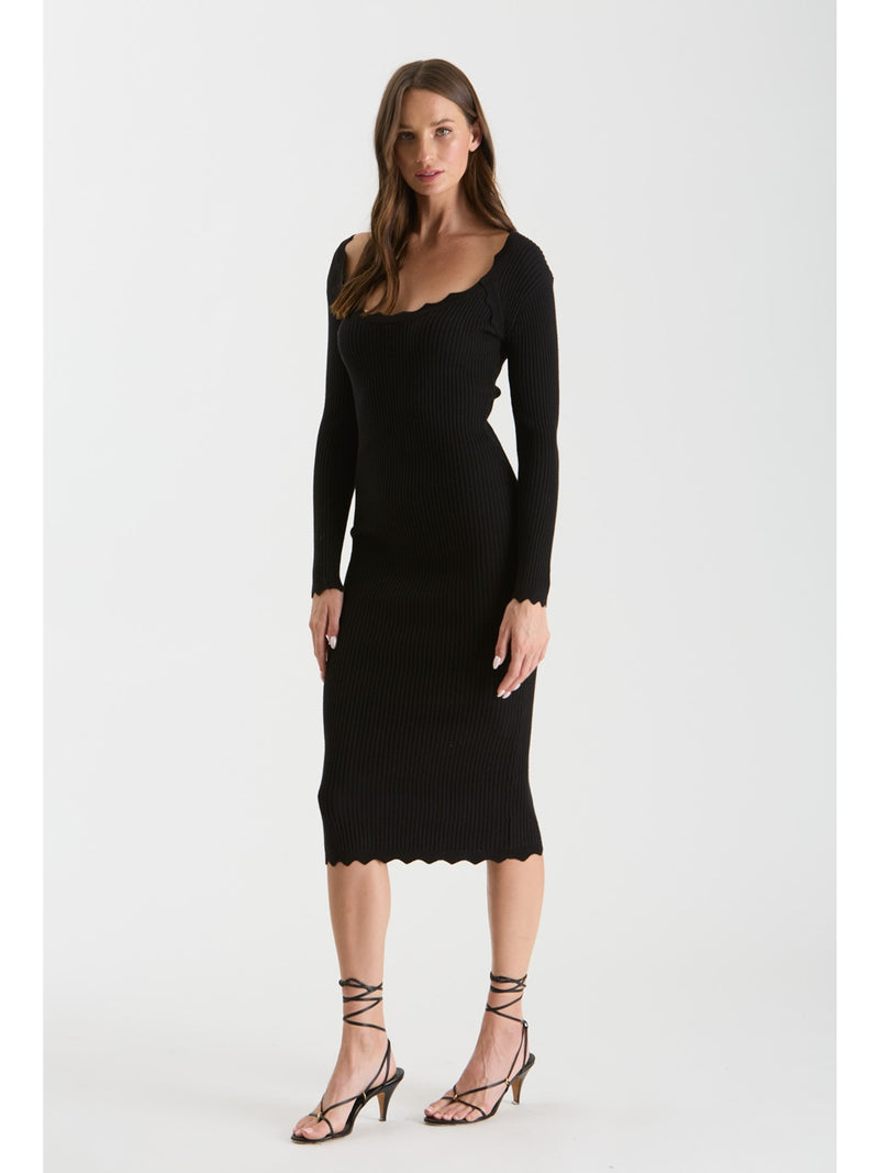 The Workshop Adira Scallop Rib Knit Dress In Black