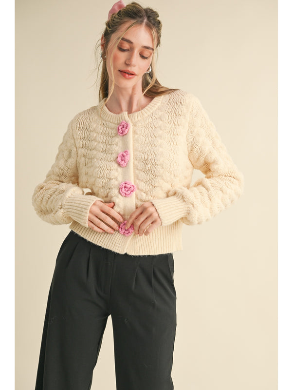 &Merci Mavis Flower Button Knit Cardigan In Ivory