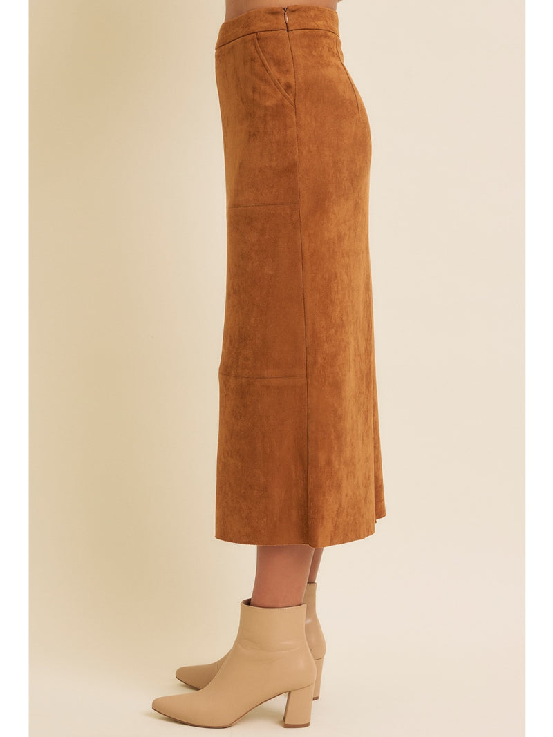 In February Bianca Suede Midi Skirt With Back Slit In Caramel