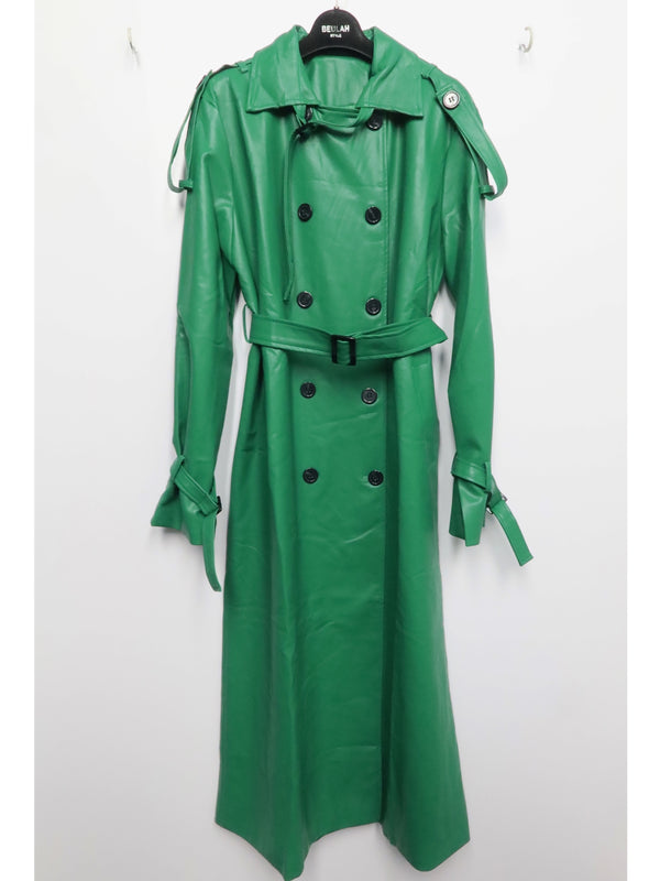 Beula Lorenzo Faux Leather Trench Coat In Green