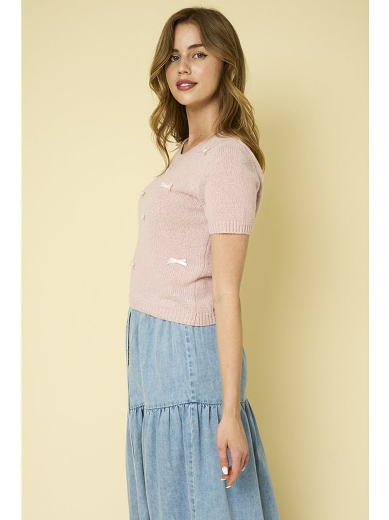 Gilli Romance Ribbon Short Sleeve Sweater In Blush