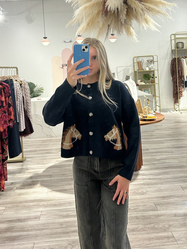 Dreamers Camelot Horse Print Cardigan In Navy