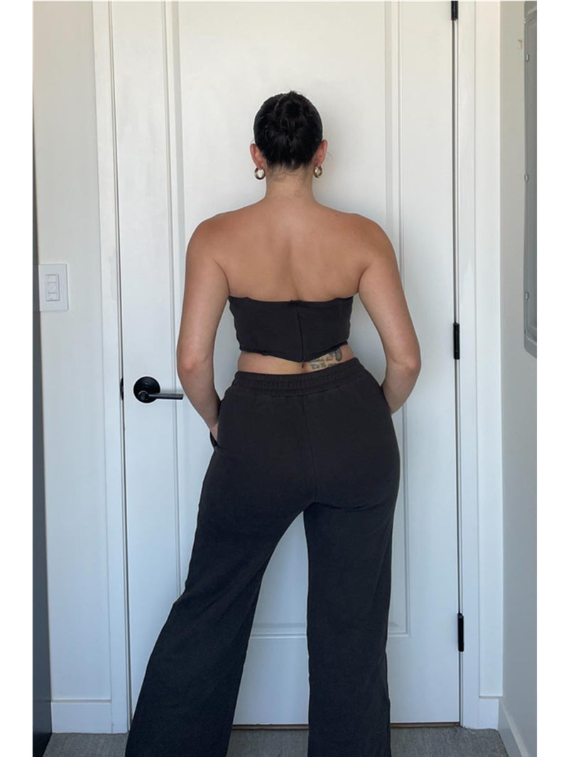 Salty Kinsley Knit Terry Corset Top With Wide Pant In Charcoal