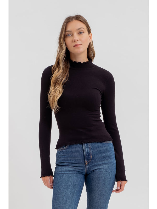 The Workshop Leena Lettuce Trim Knit Top In Black