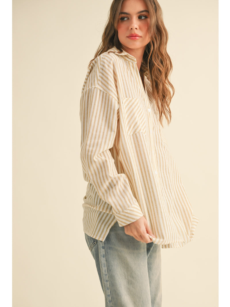 Miou Muse Kelly Striped Button Down Shirt In Mustard