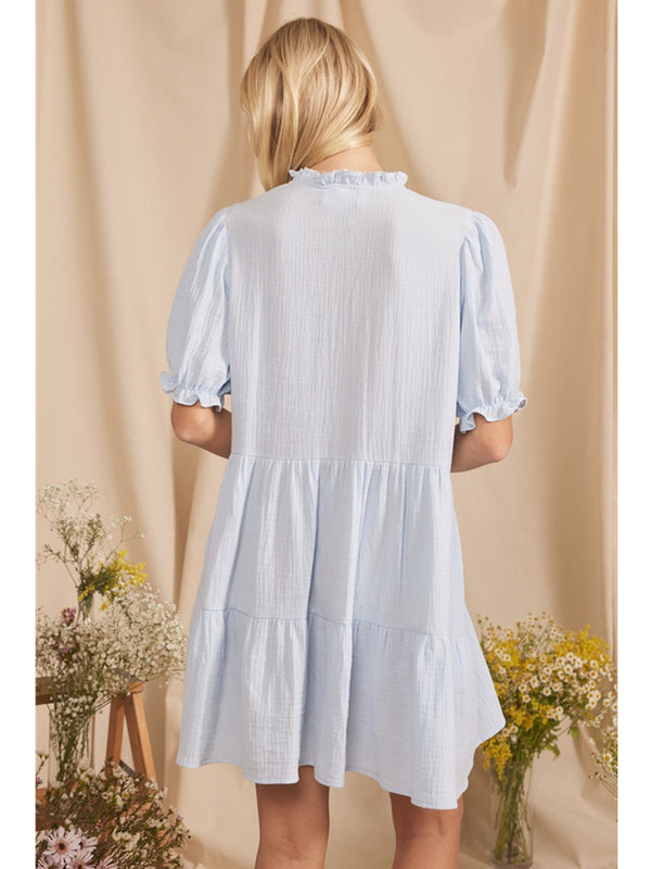 In February Elizabeth Soft Crinkle Cotton Gauze Button Down Dress In Blue