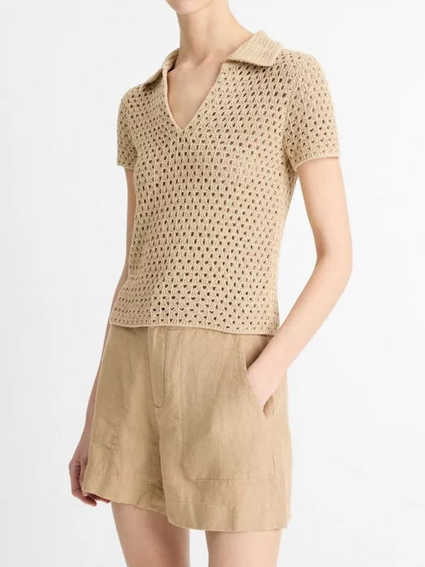 Vince Macramé Cotton Polo Sweater In Pale Nut