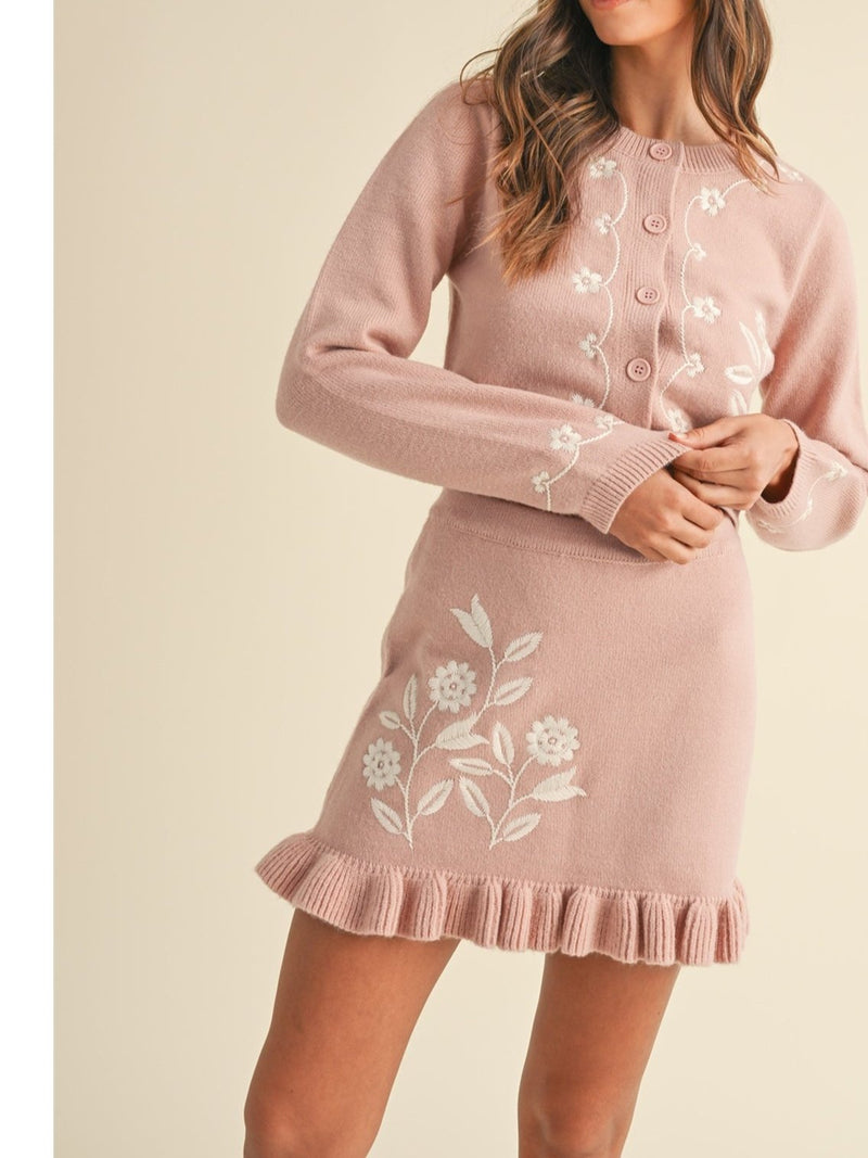 Mable Oslo Floral Embroidery Cardigan and Mini Skirt Set In Rose