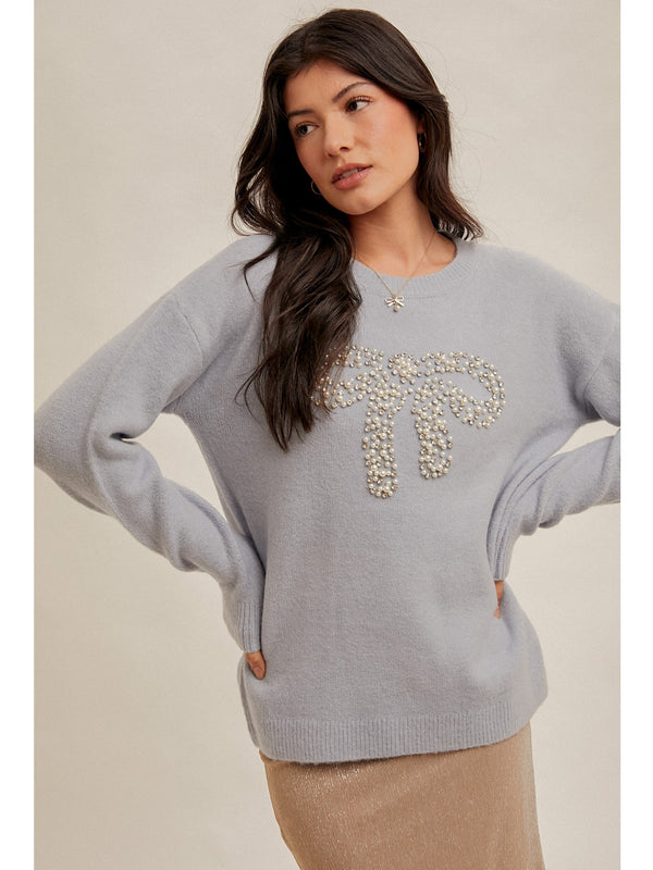 Hem&Thread Luella Bow Crew Sweater In Powder Blue