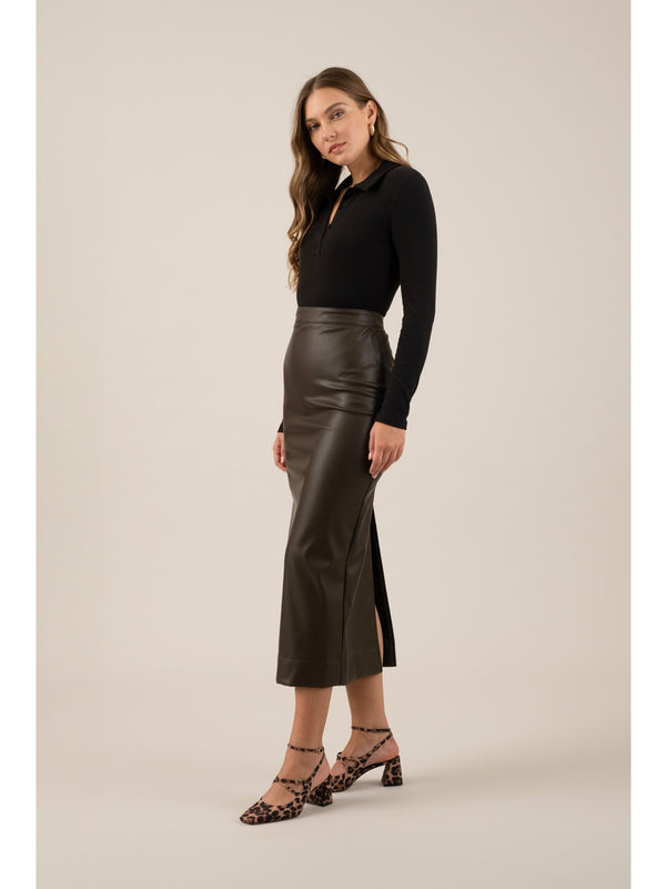 The Workshop Aida Faux Leather Back Slit Skirt In Dark Brown