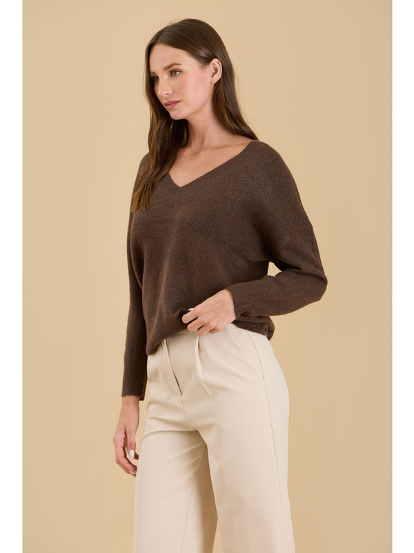 The Workshop Gracie Vneck Drop Shoulder Sweater In Dark Mocha