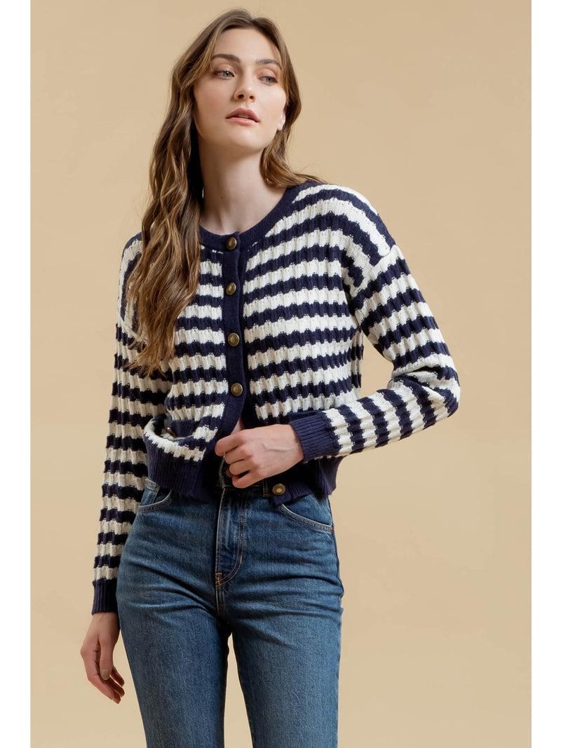 Blu Pepper Eiffel Stripe Knit Cardigan In Navy