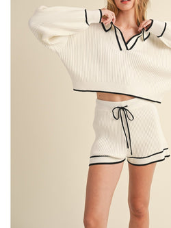 Mable Cornelia Collared Contrast Knit Crop Top and Shorts Set In Off White