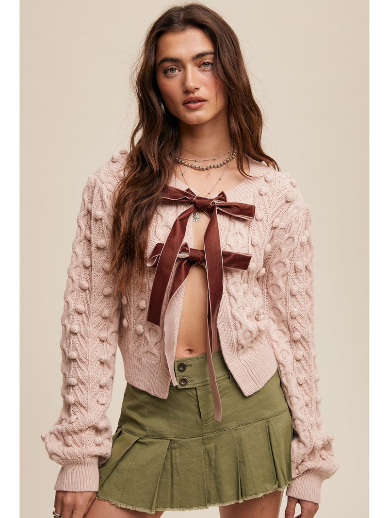 Listicle Jazzlyn Bow Tie Closure Cable Knit Cardigan In Blush