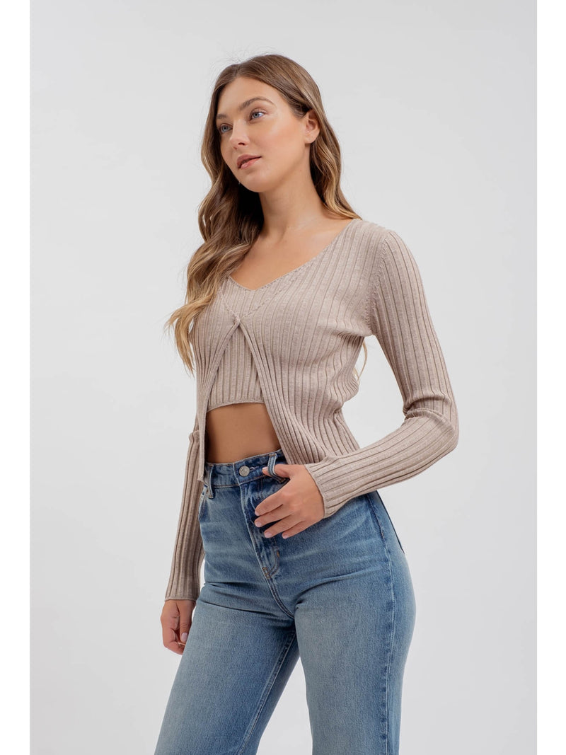 The Workshop Faith Twofer Ribbed Long Sleeve Sweater In Taupe