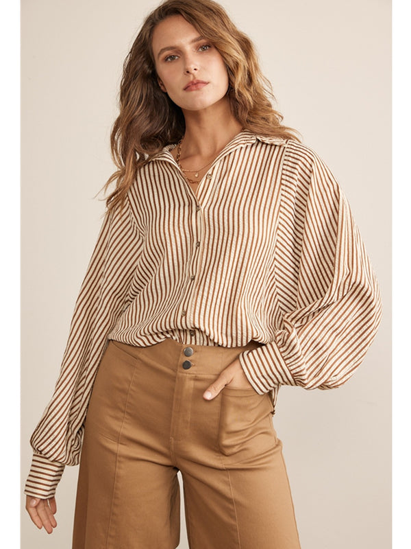 In February Leona Button Down Stripe Shirt In Brown