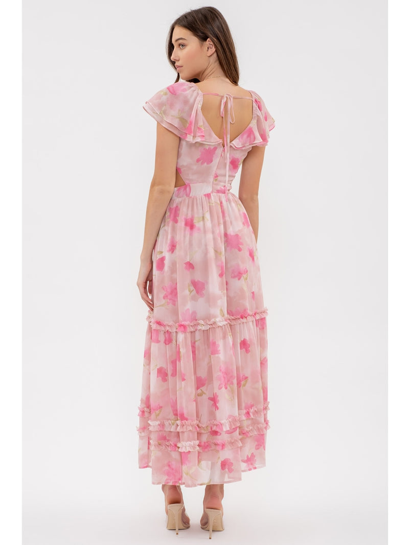 By The River Isla Floral Waist Cutout Ruffle Midi Dress In Dusty Rose Multi