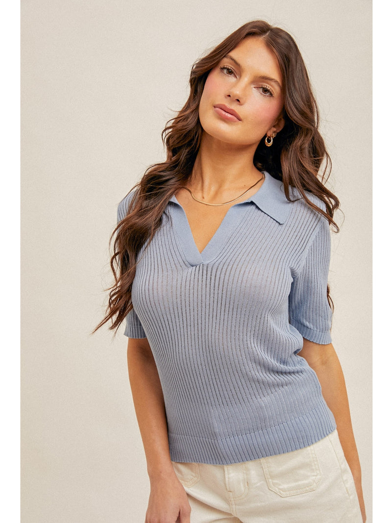 Hem&Thread Brinna Knit Polo Shirt In Blue