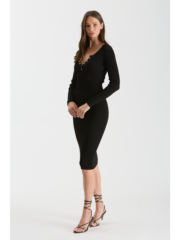 The Workshop Lizeth Henley Long Sleeve Knit Dress In Black