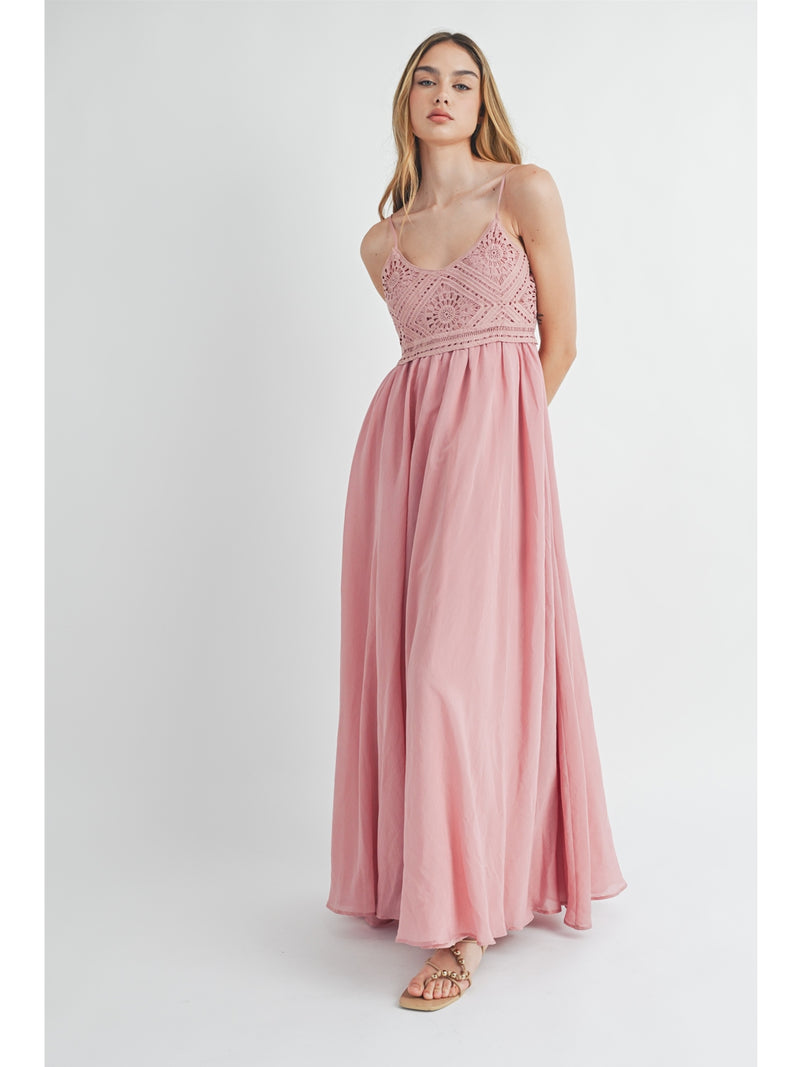 Mable Ambrose Crochet Cami Bodice Maxi Dress In Dusty Rose