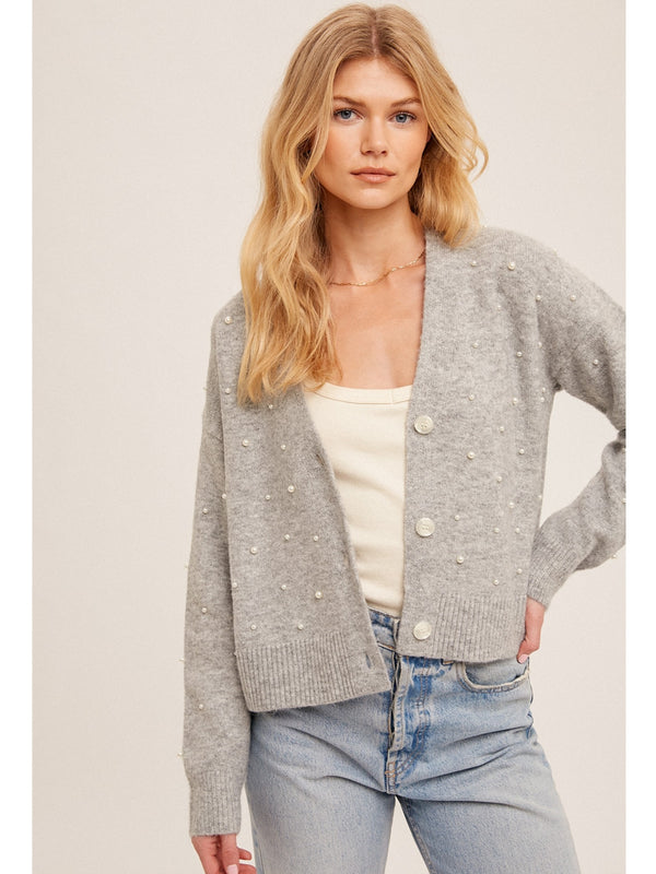 Hem&Thread Pearl Embellished Vneck Cardigan In Heather Grey