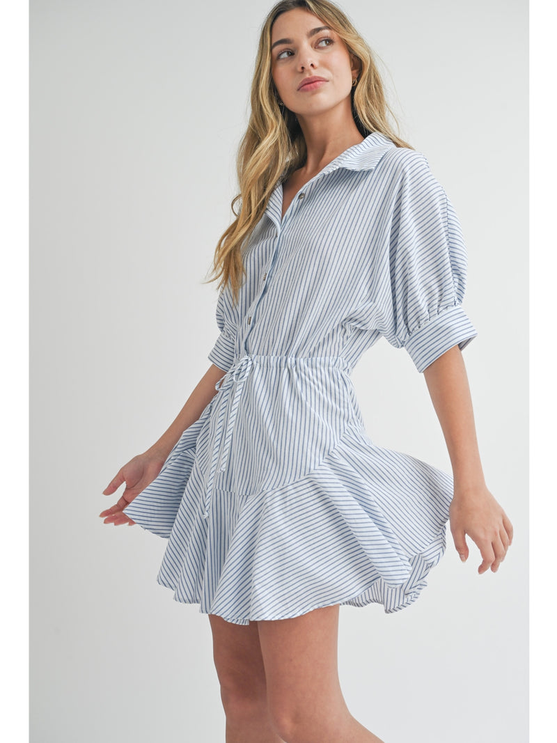 Miou Muse Luka Striped Pattern Buttondown Shirt Dress In Blue Stripe