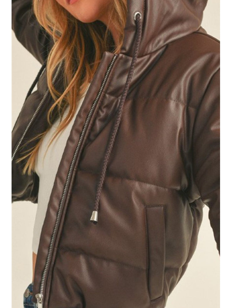 Up Cloting Casin Pleather Puff Jacket In Coffee