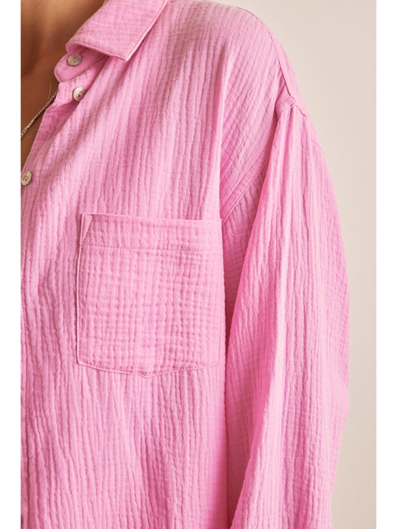 In February Chloe Soft Crinkled Cotton Gauze Button Down Shirt In Pink