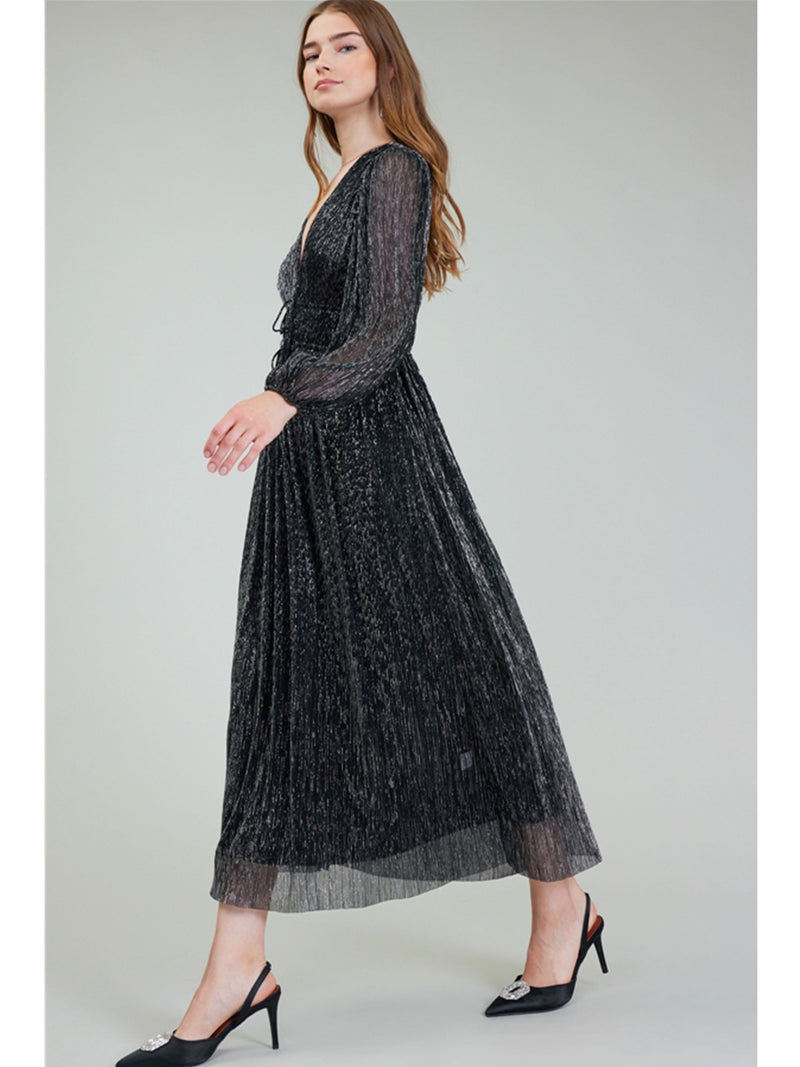 Current Air Petra Long Sleeve Pleated Dress In Black Silver