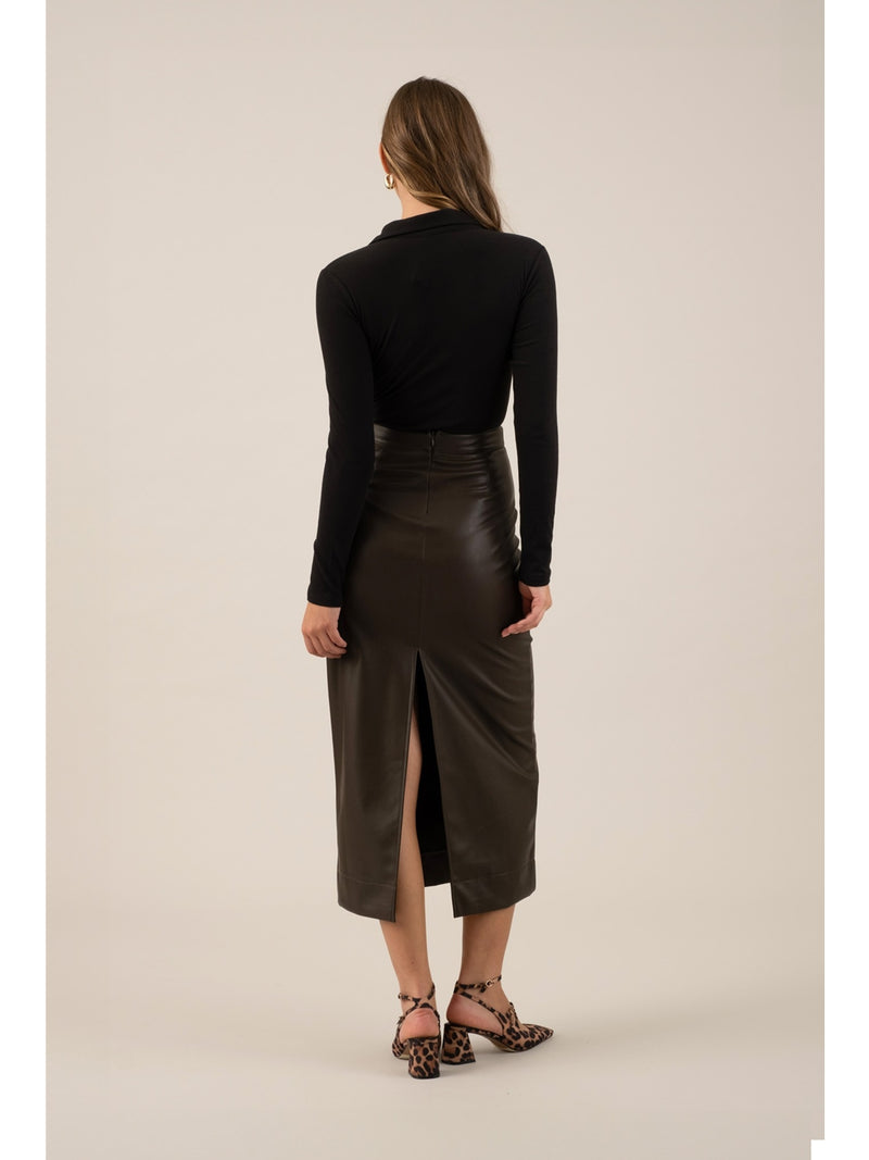 The Workshop Aida Faux Leather Back Slit Skirt In Dark Brown