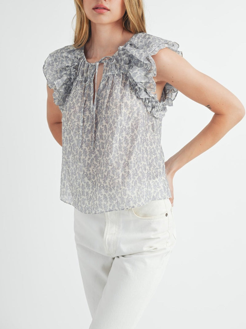 Mable Ditsy Floral Ruffle Top In Blue