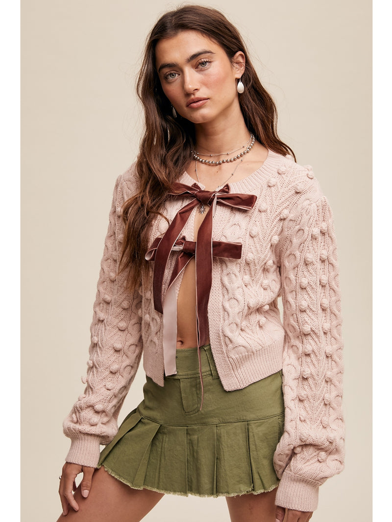 Listicle Jazzlyn Bow Tie Closure Cable Knit Cardigan In Blush